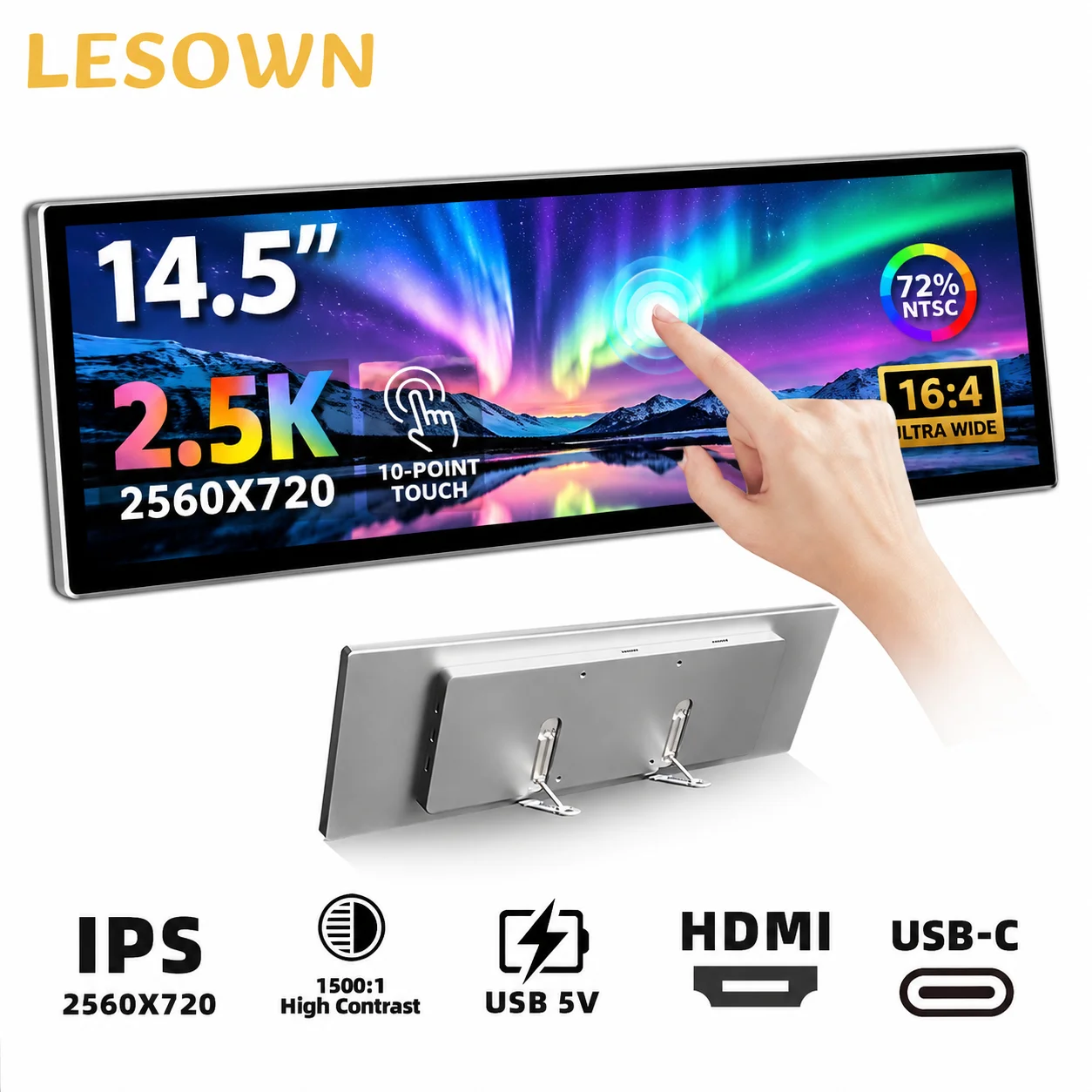LESOWN 14.5inch Stretched Bar Touchscreen 2.5K 2560x720 Monitor with Type-C for AIDA64 PC Case Sensor Dashboard