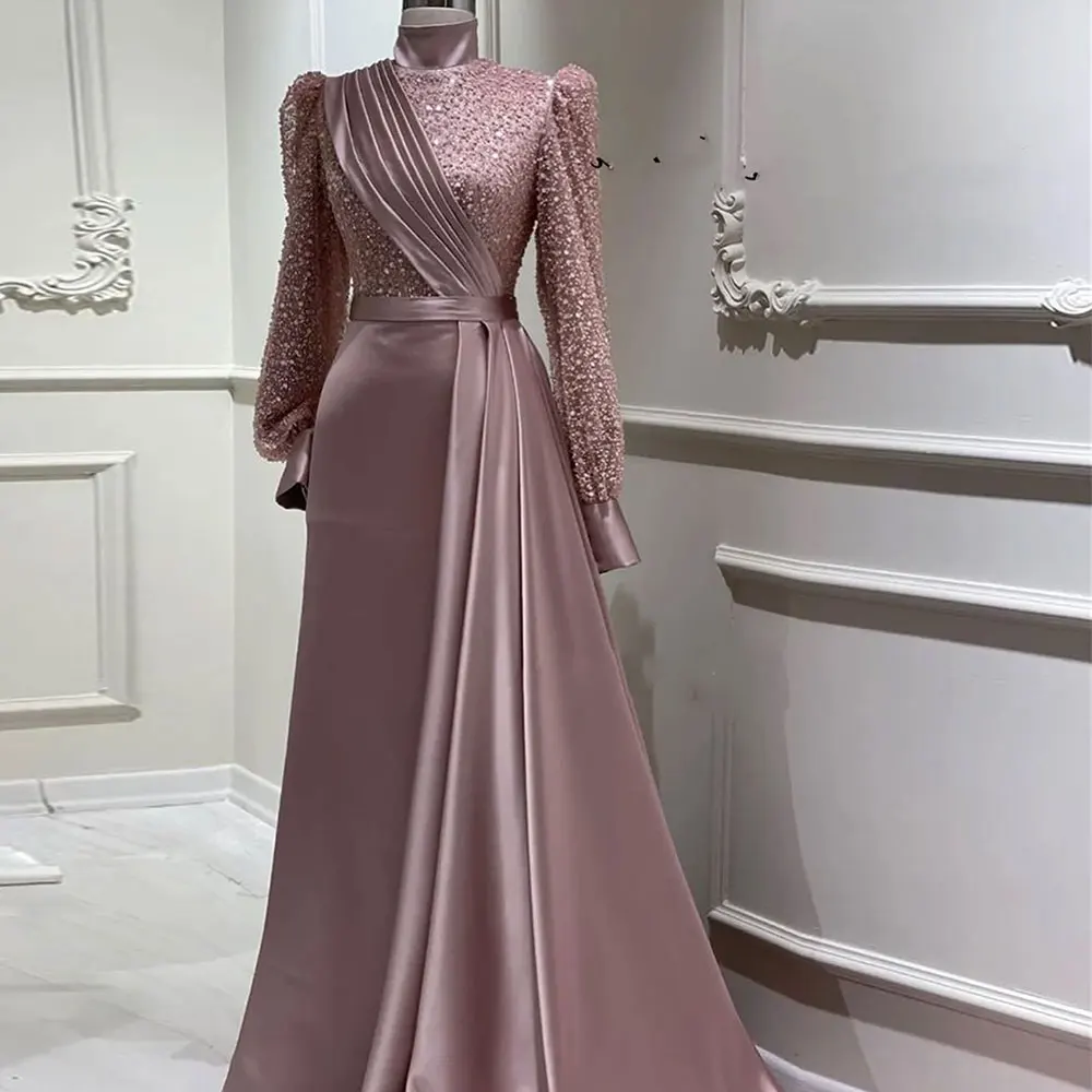 Puffy Shoulder Evening Dresses Long Sleeves Muslim  Beaded Long Sleeves Dinner Gowns Arabic High Neck Prom Dress robe de soree