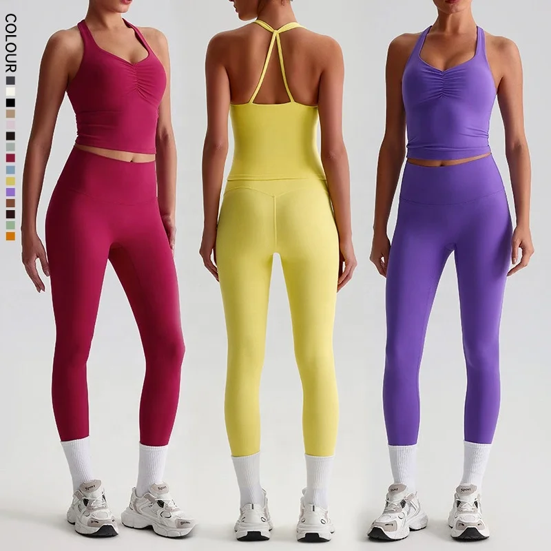 Super Cloud Sportswear Woman Gym Workout 2 Piece Pant Set Front Scrunch Tank Top High Waist Leggings Sport Outfit Yoga Clothes