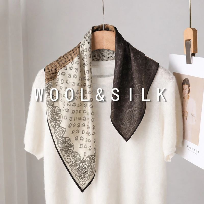 2027 Women's Silk Wool Bandana Scarf Double Sided Different Color Print Vintage Paisley Square Neck Scarf Gifts for Woman