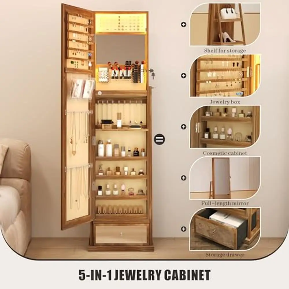 Estando Cabinet Jóias com Espelho de Corpo Inteiro, 360 ° Swivel, LED Light Storage, Armário Bloqueável Organizador, Gavetas, Colar