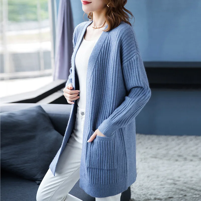 Cardigan da donna oversize allentato scialle di media lunghezza autunno inverno nuova giacca maglione stile pigro cappotto in maglia madre di mezza