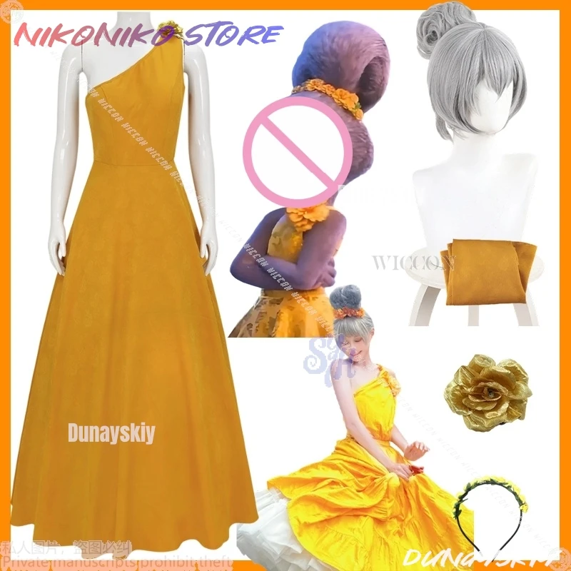 

Антропоморфный костюм пушистого кролика, косплей, аниме, Хэллоуин, танцевальная вечеринка, длинное желтое платье на одно плечо, цветок Лолита, Хэллоуин