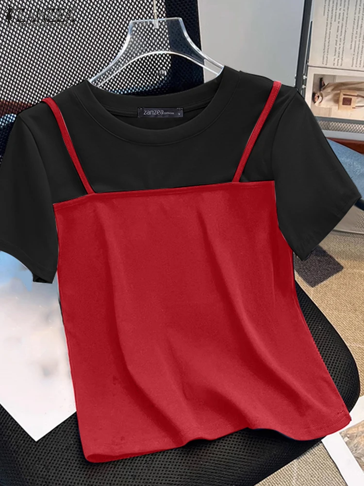 ZANZEA Estate Elegante Manica Corta Patchwork Top Donna Falso Camicette in Due Pezzi Camicia da Lavoro Casual Vacanza Femminile Blusas Oversize