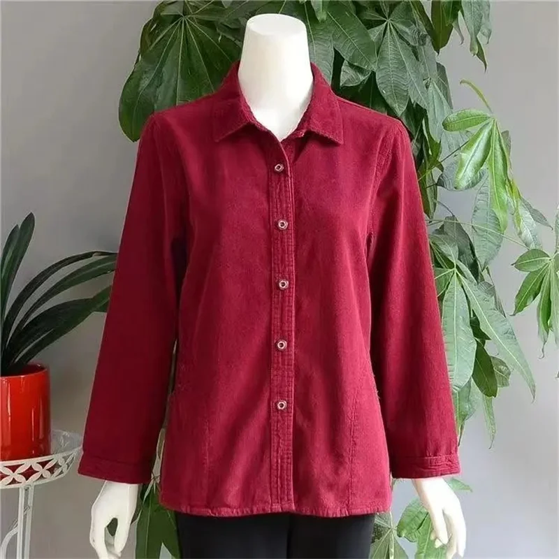Spring Female Cardigan Blouse Jacket European Ladies Large Size 6XL Corduroy Coat Autumn Women Solid Color Cotton Shirt Outwear