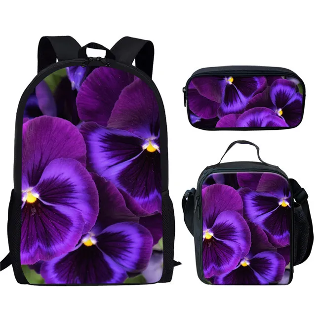 Classic Popular New Beautiful Purple Lilac 3D Print 3pcs/Set Student School Bags Laptop Daypack Backpack Lunch bag Pencil Case