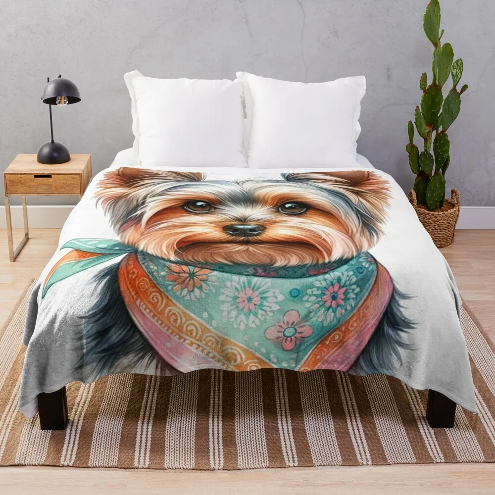 Charming Yorkshire Terrier: Floral Bandana Watercolor Throw Blanket Thermals For Travel Shaggy Luxury Designer Plaid Blankets