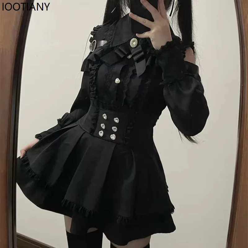 2025japanese Black Short Skirt Set Gothic Ruffle Mini Skirts Sexy Lace Off Shoulder Lolita Shirt Gown Aesthetic Suit