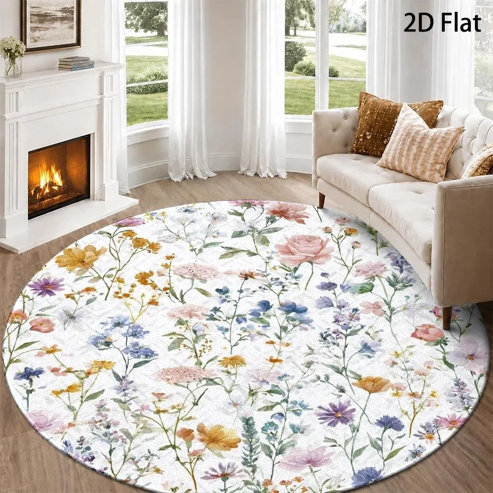 Vintage Watercolor Wildflower Carpet Colorful Botanical Rose Daisy Floral Textured Print Circular Floor Rug for Living Room