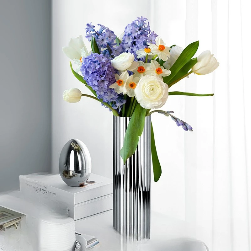 Ornamento de flor de vaso de flores de aço inoxidável, casa sala de estar mesa de café arranjo de flores vaso decorativo simples casa ornam