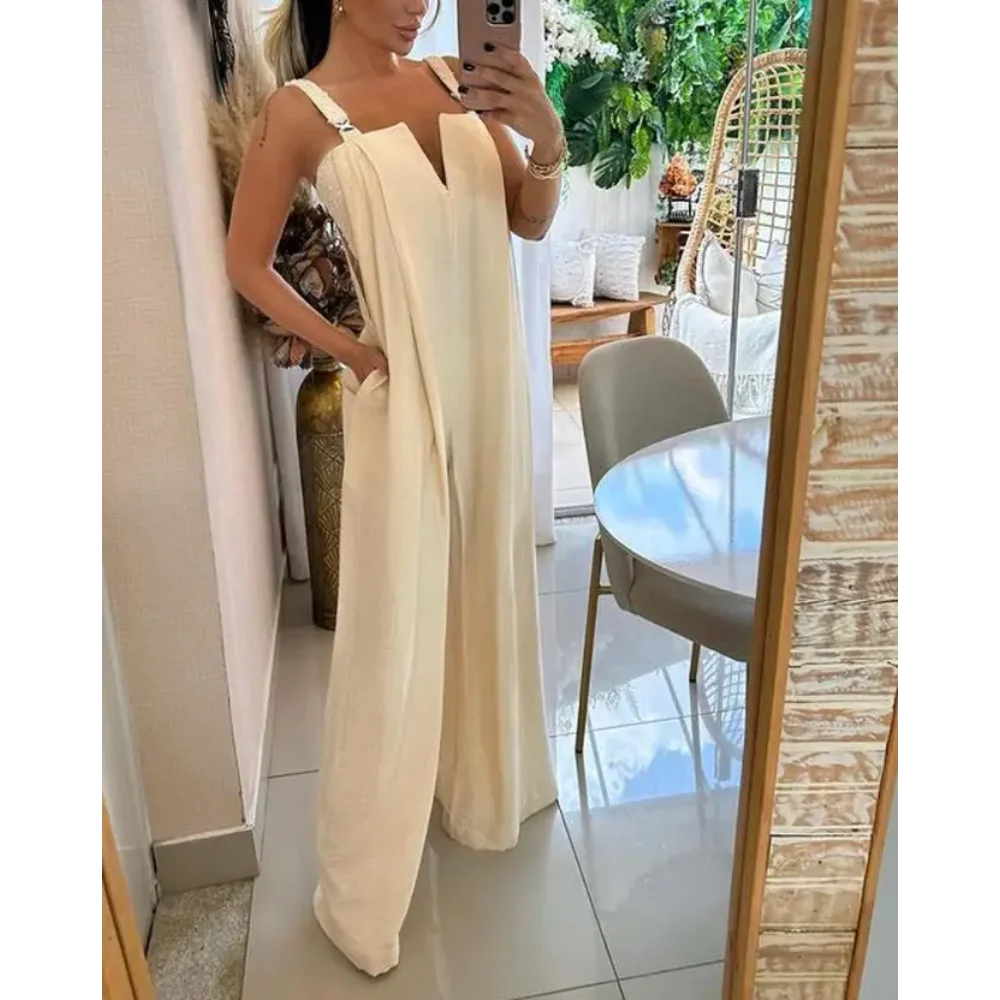 

Летние модные комбинезоны женские 2025 комбинезон-бретелька повседневный женский свободный комбинезон с асимметричным вырезом и широкими штанинами с полыми карманами