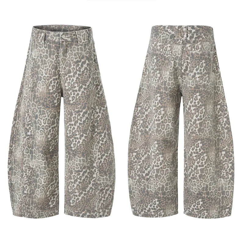 QICHE Men Women American Street‑Style Leopard‑Print Curved‑Cut Jeans Niche‑Design Oversized Loose Unisex Casual Denim Trousers B