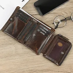 Luufan Leather Men‘s Short Wallet Hasp Genuine Leather Unisex Zipper Coin Clutch Purse Cowhide Card Holder Trifold Man wallets