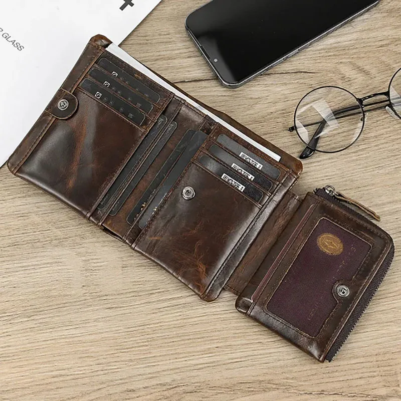 Luufan skórzany krótki portfel męski z zapięciem prawdziwej skóry unisex zamek błyskawiczny portmonetka ze skóry bydlęcej etui na karty Trifold portfele męskie