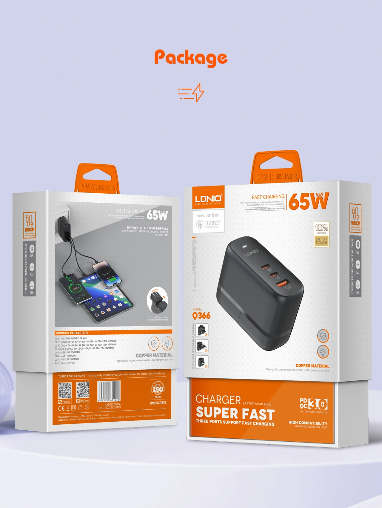 LDNIO GaN 65 W USB C Ladegerät Reiseladegerät PD QC Wandladegerät 3 Port Internationaler Steckeradapter EU UK US AU Reisesteckeradapter – Detail 18