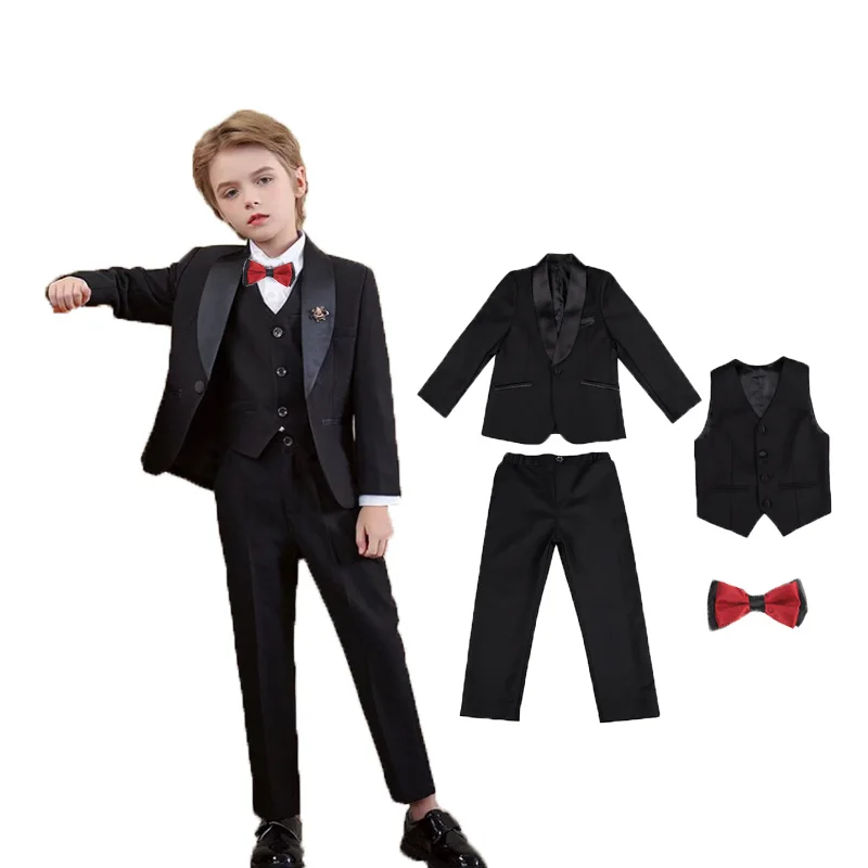 Children Black 4Pieces/Set Jacket Vest Pants Bowtie Piano Photograph Suit Boys Wedding Dress Kids Graduation Birthday Costume