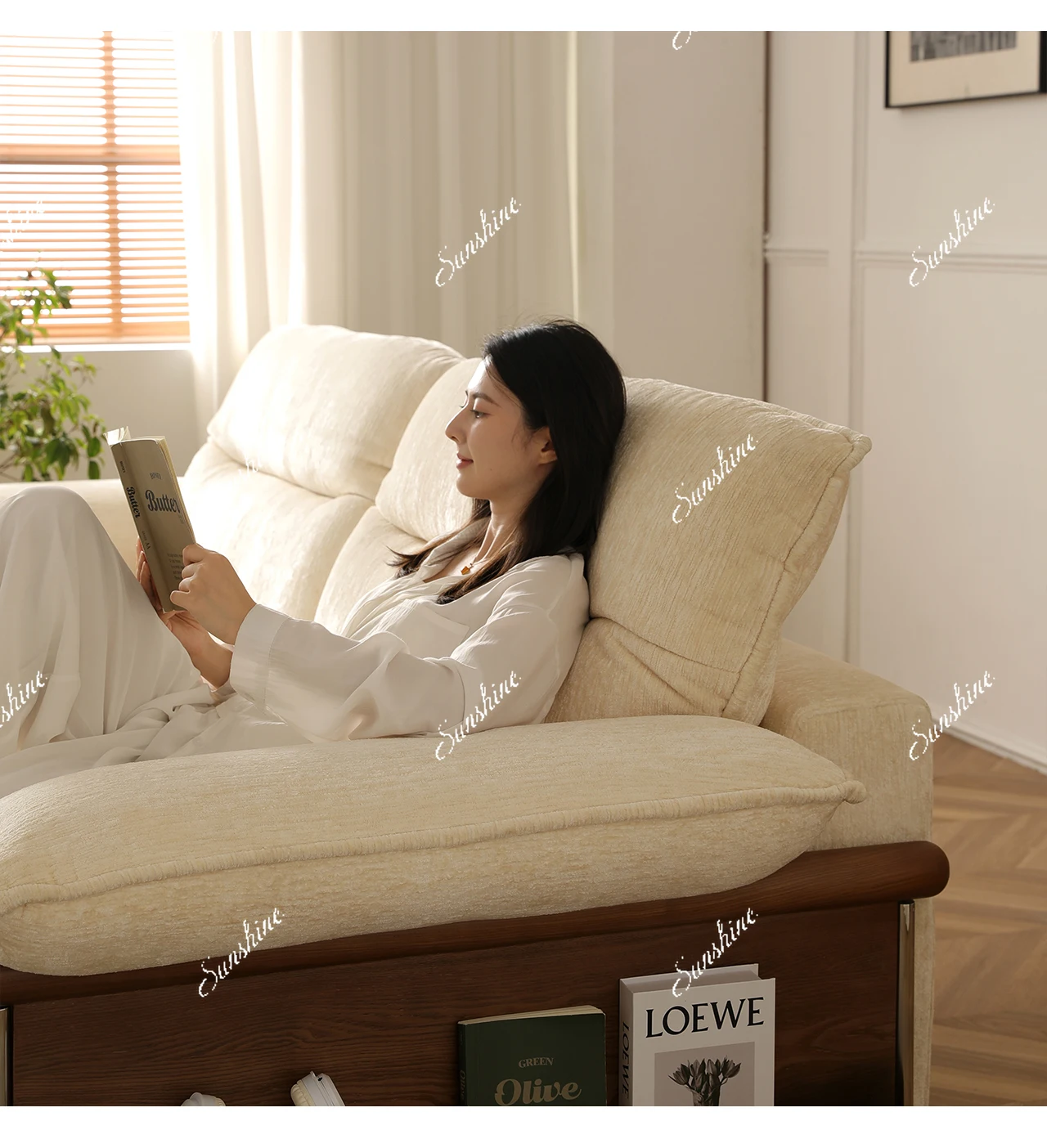 French Cream Style Living Room Chenier Log High Backrest Adjustable Fabric Sofa