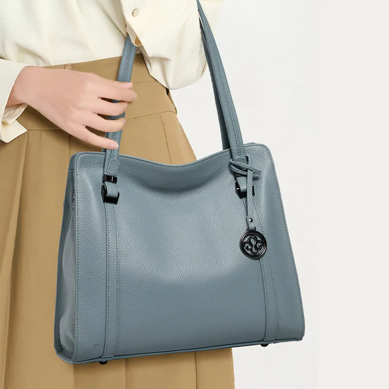 Women's Blue Handbag New 2026 Summer Style Large-Capacity Mummy Bag Genuine Leather Tote Bag Shoulder Crossbody Travel Bag