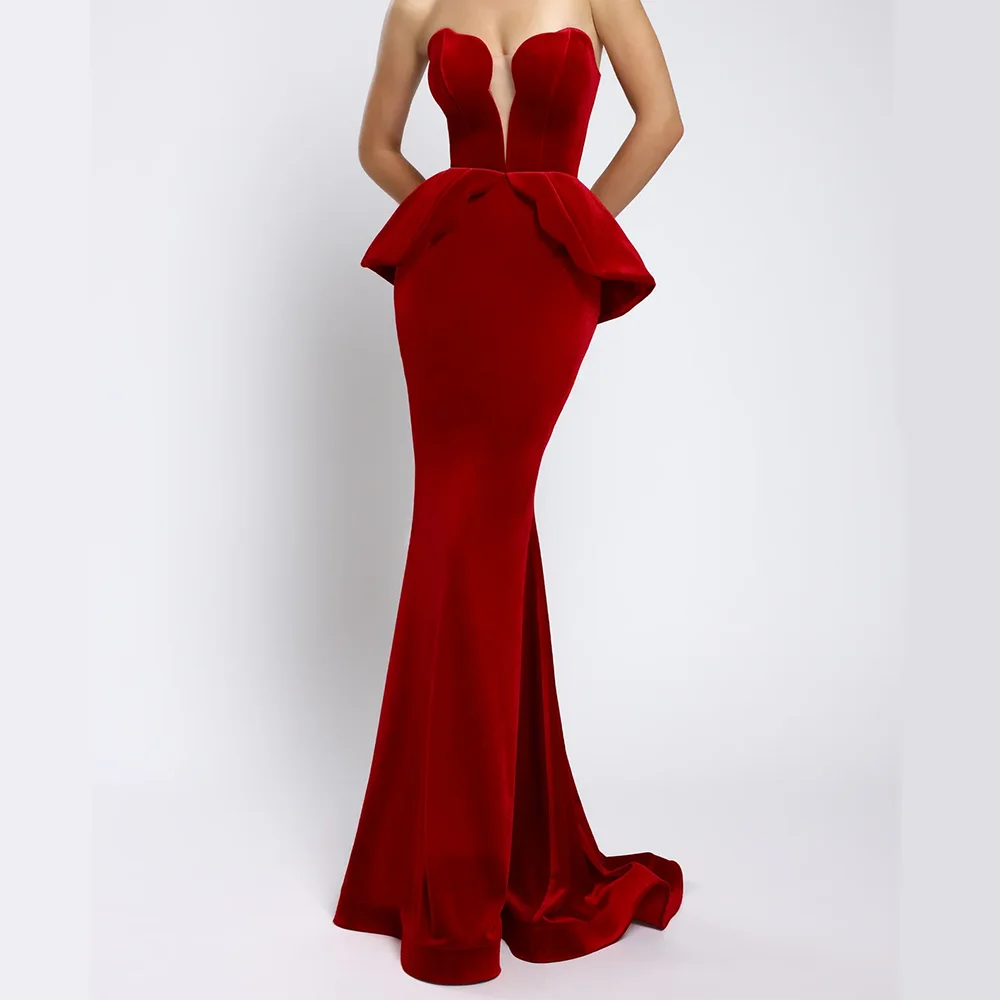 فساتين سهرة رسمية كلاسيكية على شكل قلب أحمر من القطيفة بدون أكمام بطيات حورية البحر فساتين حفلات أعياد الميلاد حسب الطلب