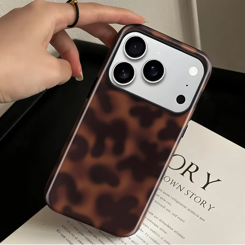 

2 In 1 Retro Amber Texture Phone Case For iPhone Air 17 16 Pro Max 15 14 13 12 11 Plus Stylish Leopard Print Protector Cover