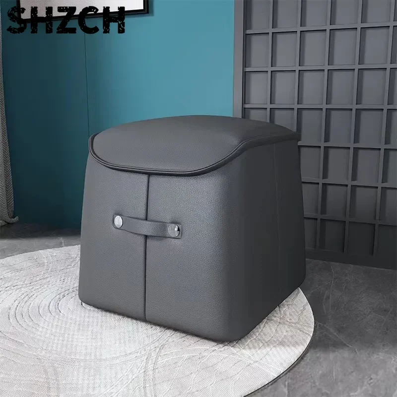 Italian Solid Wood Stool, Waterproof PU Leather Ottoman, Plush Living Room Footrest, Multicolor Tea Room Seating Furniture
