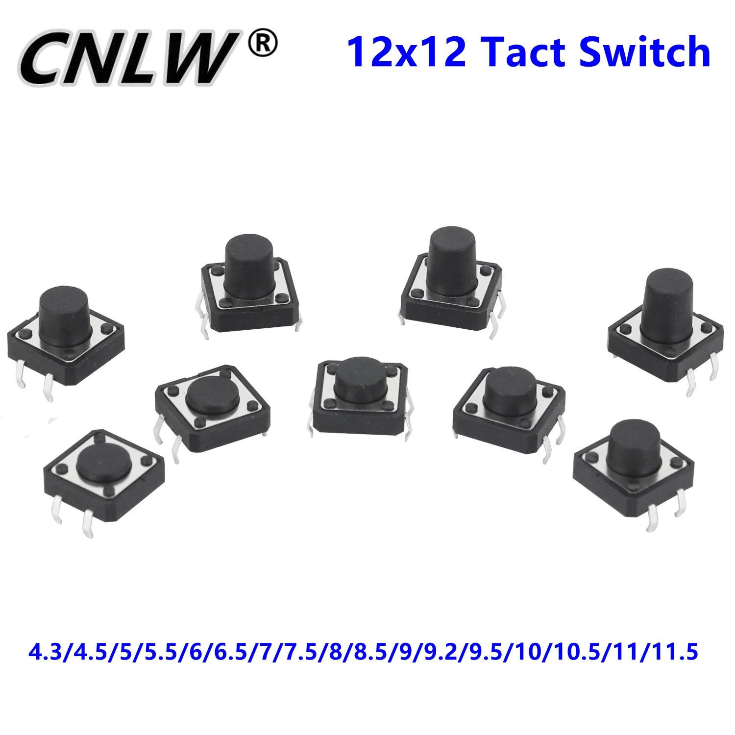 20PCS 12x12 12*12*4.3mm 5mm 4.5 6 7 8 9 9.2 10 11 11.5 4Pin Tactile Tact Push Button Micro Switch Self-reset DIP Switches