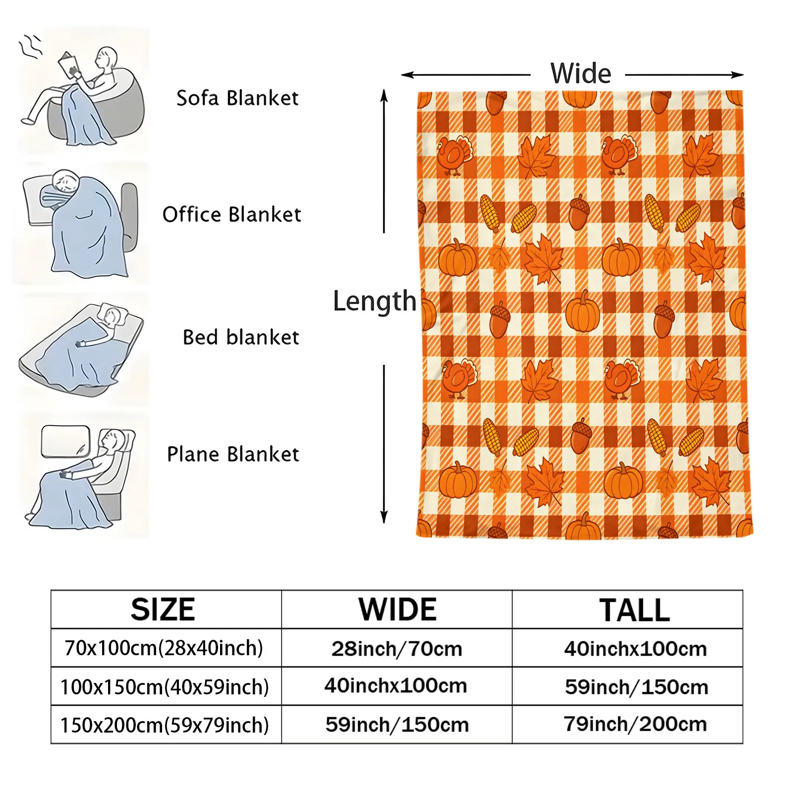 Thanksgiving Fall Flannel Throw Blanket Orange Buffalo Plaid with Turkey Pumpkin Maple Leaf Acorn Corn Print Plush Cozy Blanket