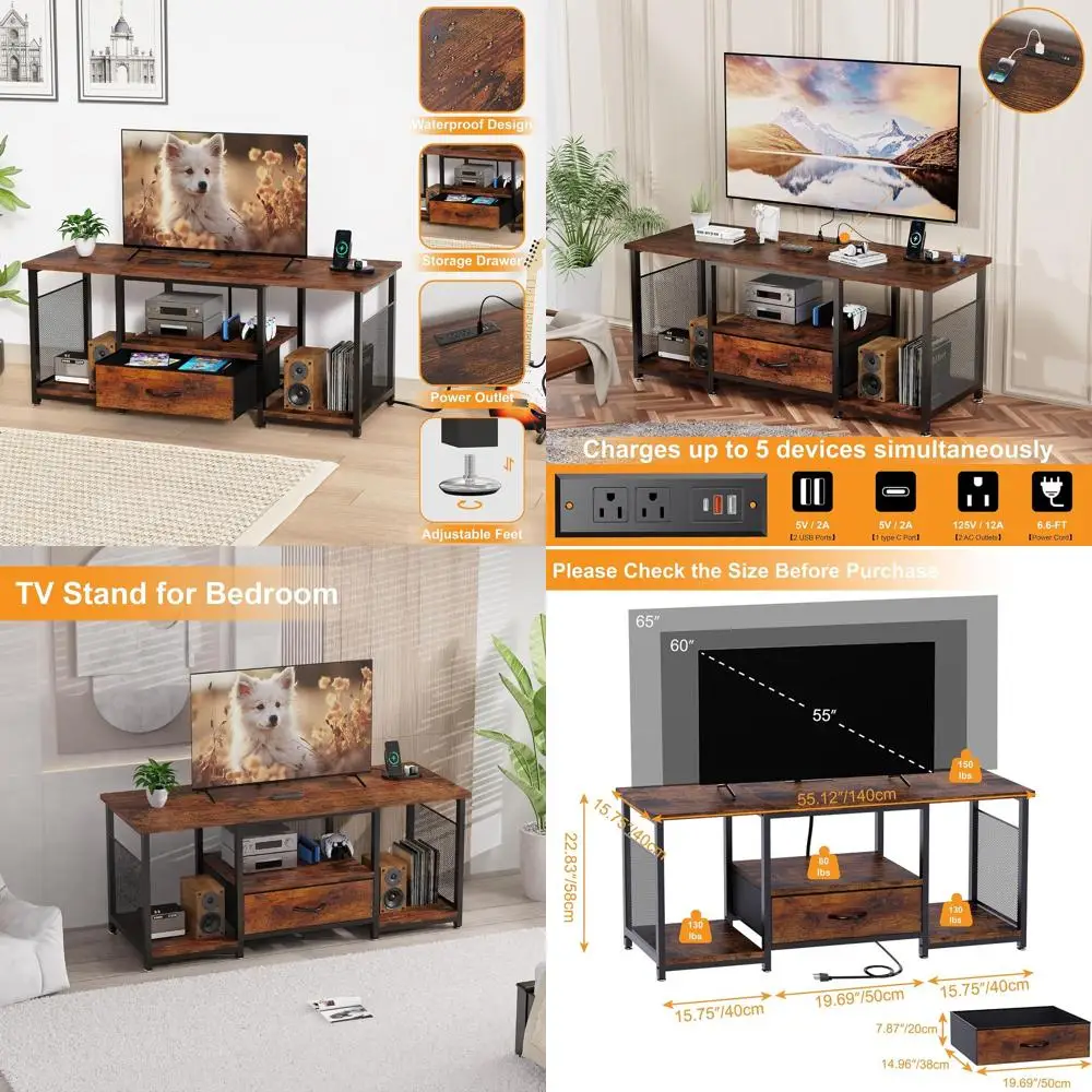 

Промышленная медиаконсоль рустикально-коричневого цвета с выдвижными ящиками и розеткой для телевизоров 65–55 лет, развлекательный центр с открытыми полками для Li