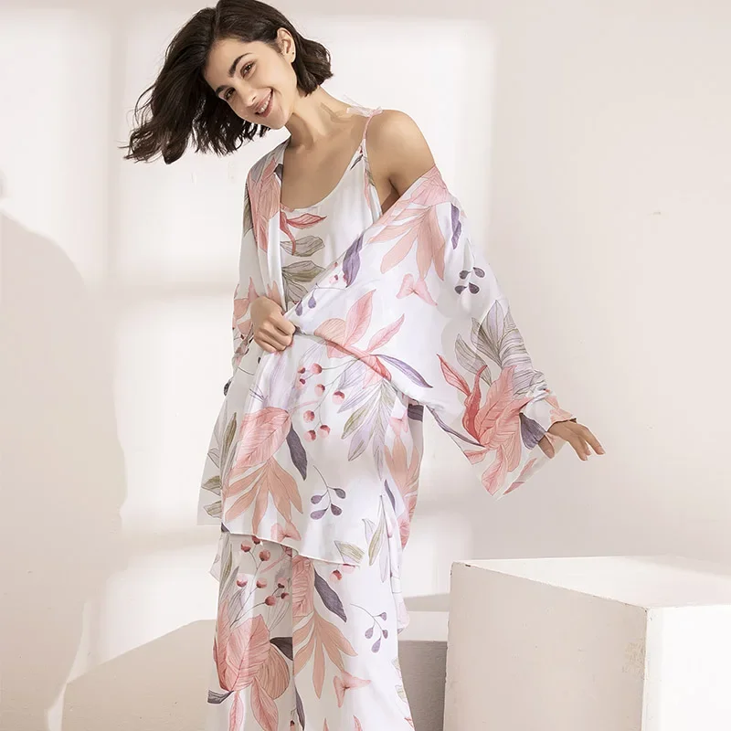 SPRING FALL Ladies Sleepwear Floral Printed HOT SELLING 3Pcs Soft Pajama Set For  Pink Leaves Cardigan+Camisole+Pants Homewear