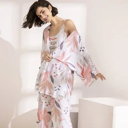 Lente Herfst Dames Nachtkleding Bloemenprint Hot Selling 3 Stuks Zachte Pyjama Set Voor Roze Bladeren Cardigan Hemd Broek Homewear