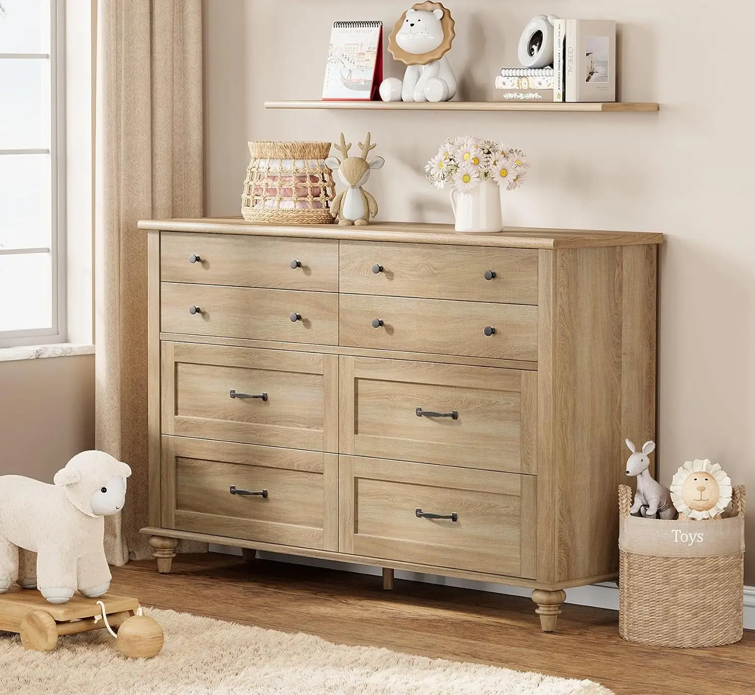 Wampat Baby Dresser With 8 Drawers For Kids Room, Farmhouse Kids Dresser Wooden Double Dresser For Bedroom, Wide Dresser