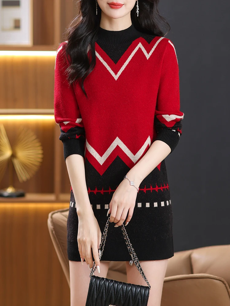 

Geometry Sweater Women Autumn Spring Causal Women's Clothing Pullover Knitted Dress Long Sweaters For Women