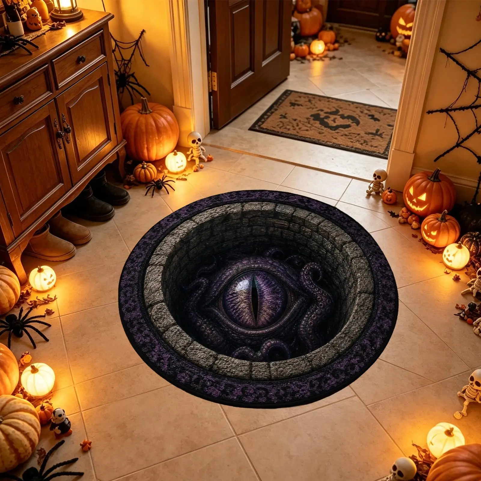 Halloween Rugs Soft Illusion Round Spooky Optical Non-Slip Mat Halloween Kitchen Rugs For Bathroom Bedroom Home Door Staircase