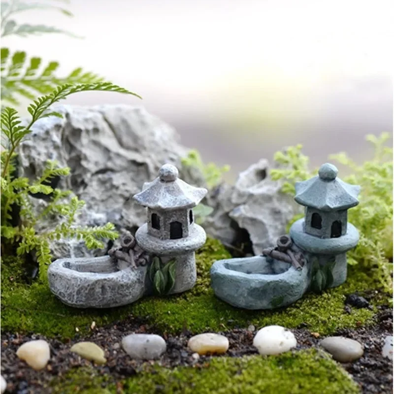 Resin Mini Retro Pond Tower Craft, Fairy Cottage Figurines Toys, Pool Landscape Ornaments, Garden Bonsai, DollHouse Decor