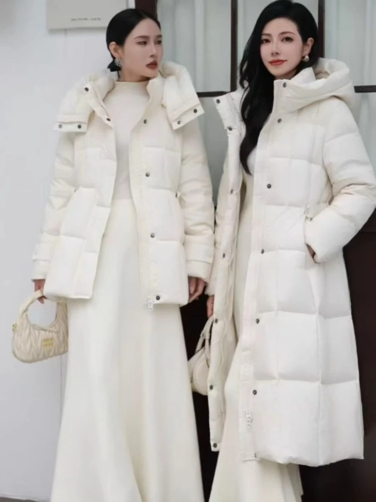الشتاء 90% الأبيض بطة معطف منتفخ المرأة موضة أنيقة سليم صالح سترات 2025 جديد مقنعين الخصر سميكة الدافئة أسفل سترة أبلى #4