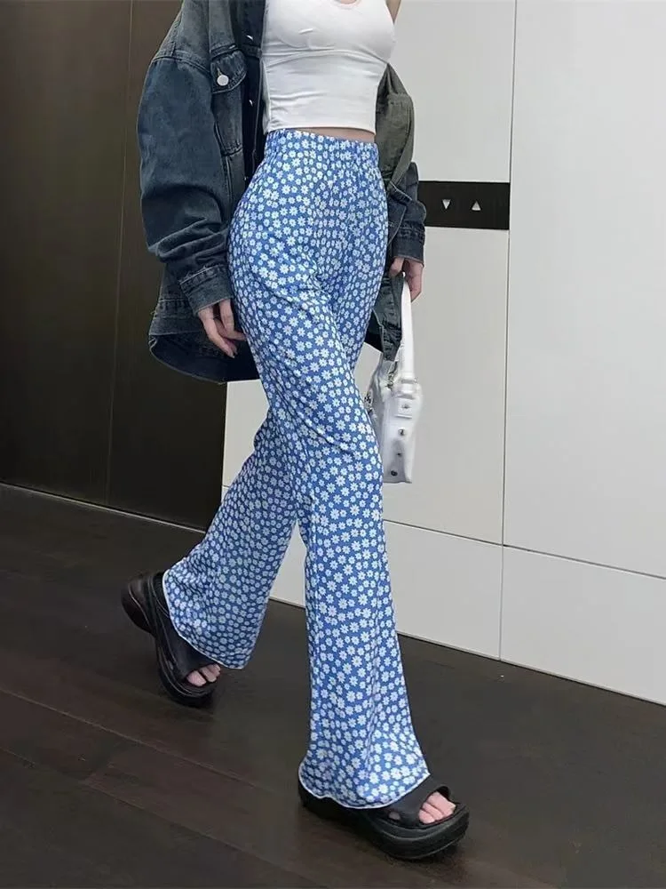 Korean Summer Daisy Floral Print Blue Pants Y2k E-Girl High Waist Thin Flare  2024 New Loose Wide Leg  Women