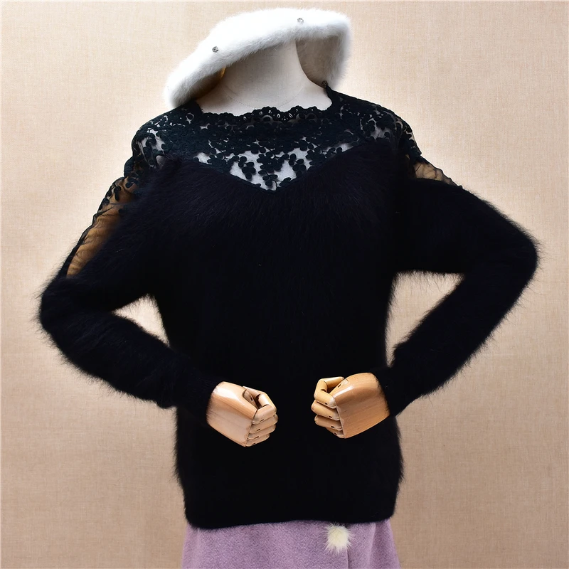 

Ladies Women Autumn Winter Clothing Fashion Black Lace Hairy Angora Rabbit Hair Knitted O-Neck Long Sleeves Slim Sweater Jumper