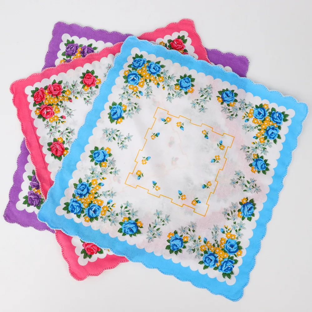 Wide Edge Colored Tooth Edge Printed Women's Handkerchief Cotton Old-fashioned Pure Hand Towel Wipe Sweat 29*29cm