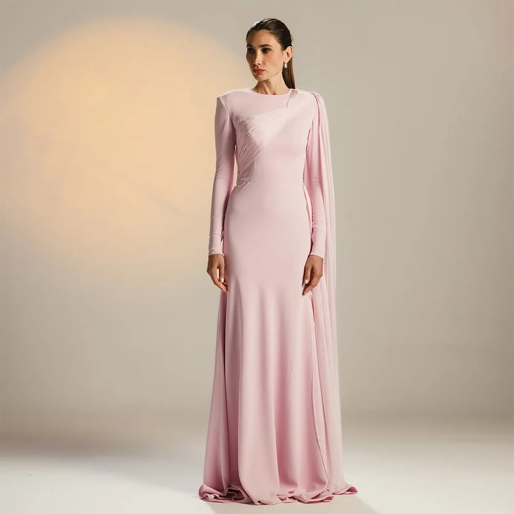 

Pink Evening Dress Customized Long Sleeves O-Neck Elegant Evening Gowns for Women 2025 Pleated Mermaid Formal Party Dresses