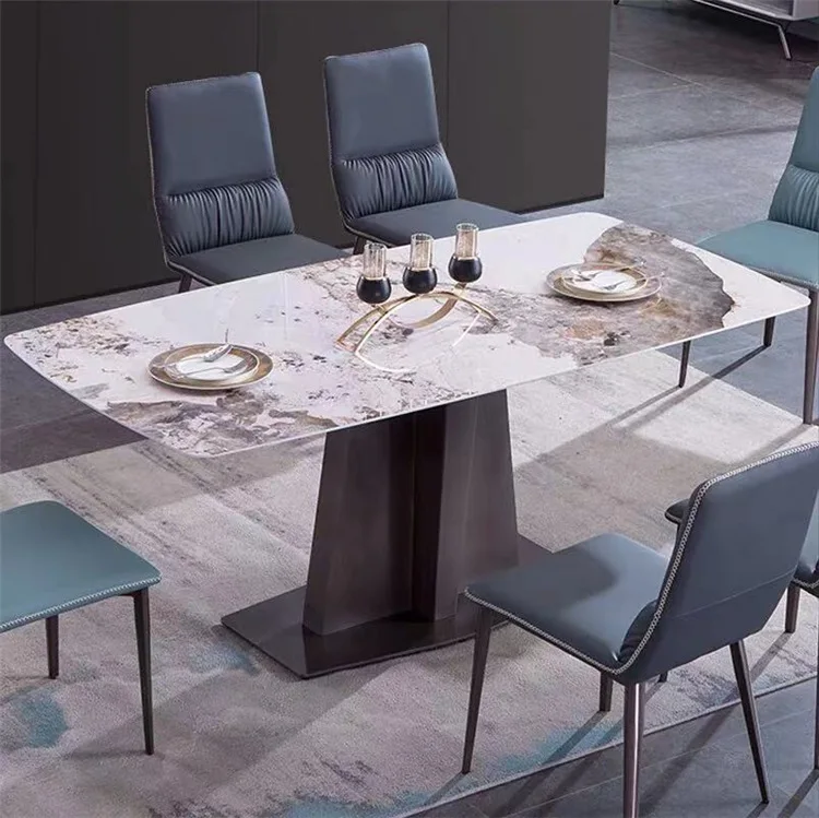 Modern dining table with simple slate top and metal legs 6 chair set dining room furniture