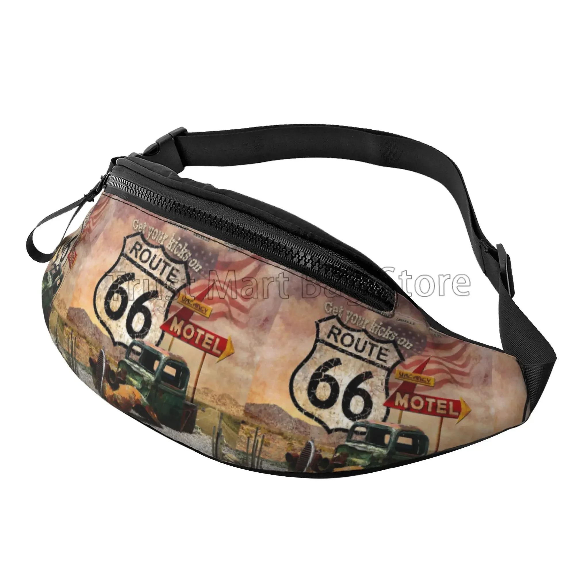 

Винтажная Повседневная забавная сумка Route 66 с рисунком для мужчин и женщин, нагрудная Сумочка через плечо, поясной кошелек с регулируемым ремнем для спорта и путешествий