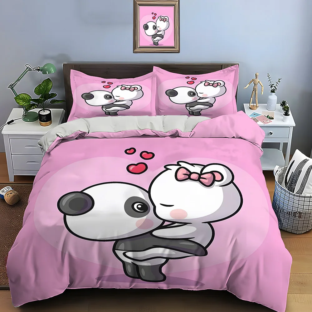 

Two pandas in love pink background Bedding Set for Kids Luxury Gift 3pcs Digital Print Comforter Set Soft Comfortable Breathable
