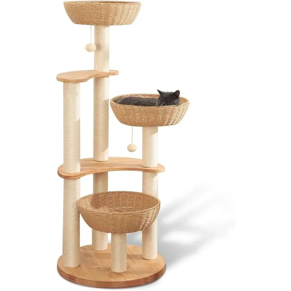 

54" Modern Cat Tree Tower for Indoor Cats,Solid Oak Cat Scratching Tree for Multiple Large Cats,Manual Hand Woven Cat Condo