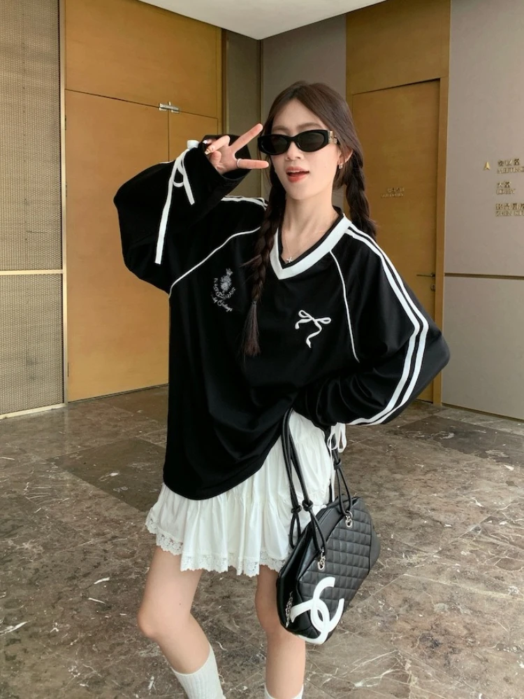 Y2k Aesthetic Oversized V-neck Black Jersey Tops Women's Lace Up Streetwear Hoody Harajuku Vintage Stripe Long Sleeve Sweatshirt