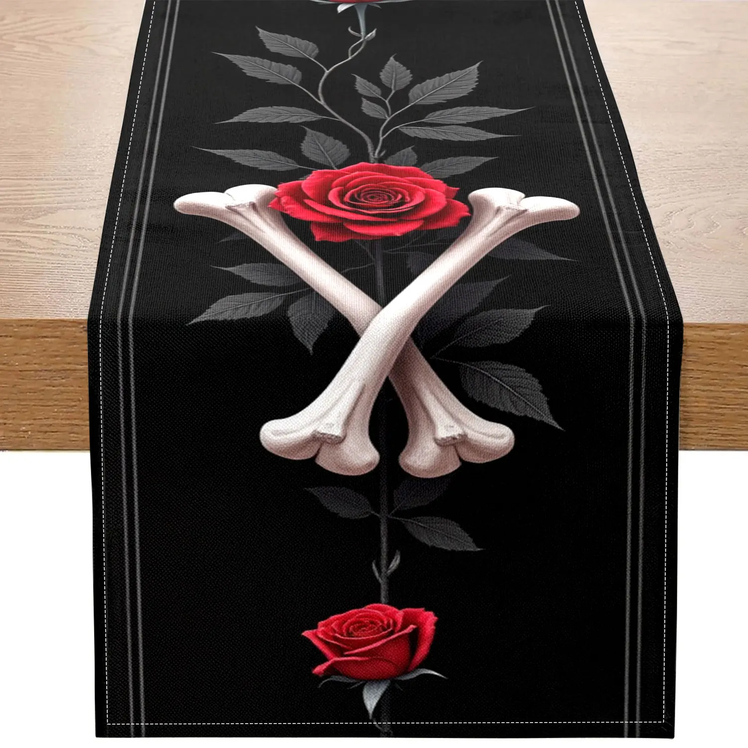 1 Piece of Gothic-Style Rose and Bone Themed Table Runner, Featuring Red Roses and Crossed Bones Design, Suitable for Dark-Themed Parties, Home Decoration, Etc