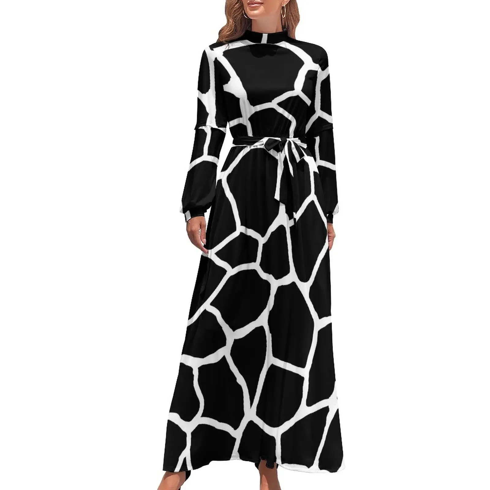 Black And White Giraffe Dress Animal Spots Print Modern Maxi Dress High Waist Long Sleeve Korean Fashion Boho Beach Long Dresses