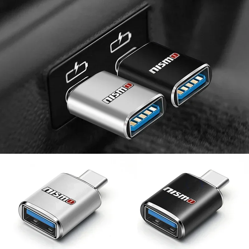 Car Logo Type-C To USB Android Charger OTG Converter Adapter For Nissan Nismo Qashqai J10 Juke Micra Leaf Sentra Patrol Y61 Note