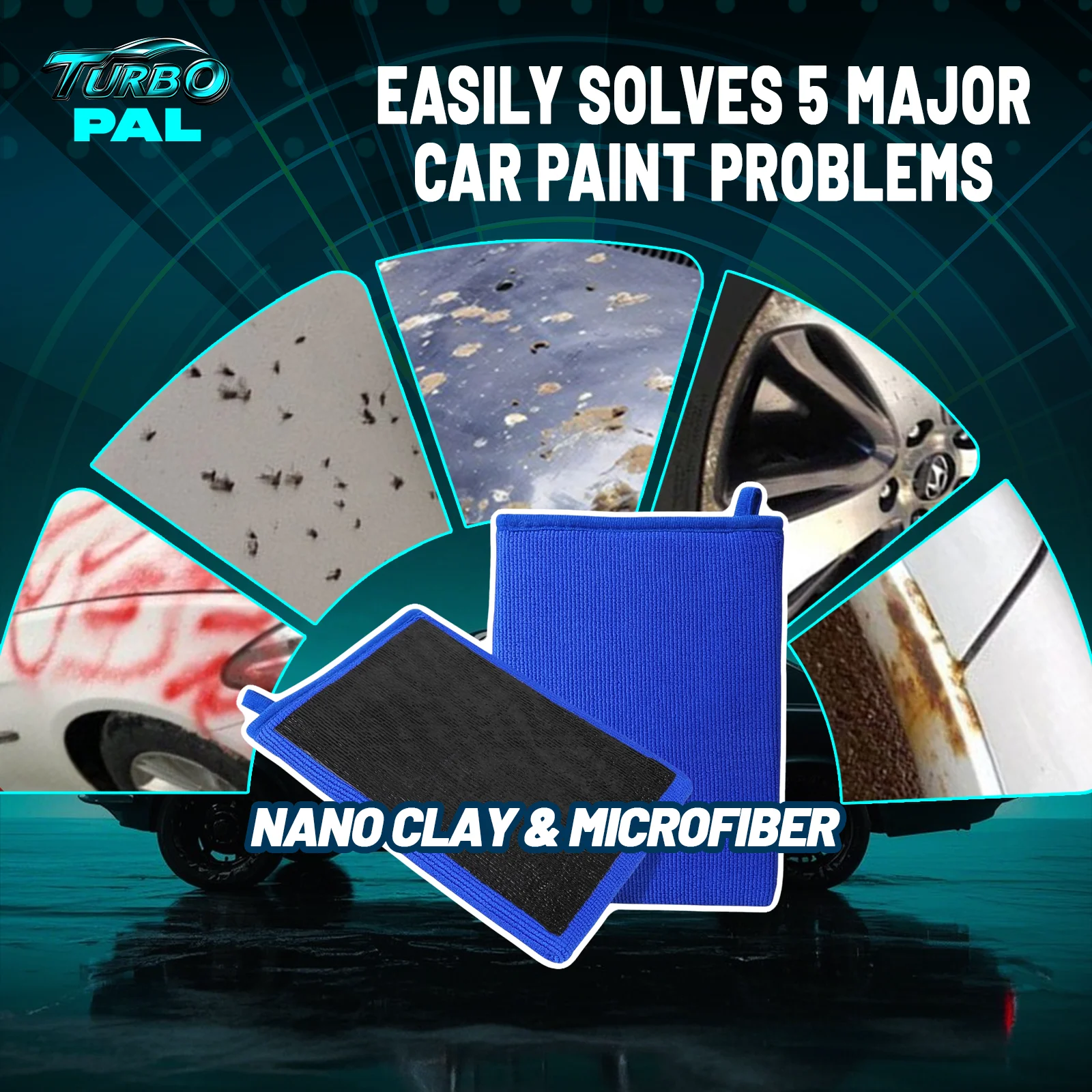 TURBOPAL 2pcs Dual-Sided Nano Clay Mitt, Microfiber Scratch-Free Ceramic & Wax Prep, Remove Iron Stains, Water Spots & Oxidation