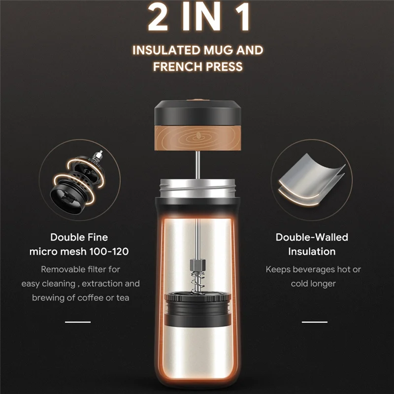 

2 In 1 Portable 320Ml Coffee Pot French Press Coffee Maker Stainless Steel Chilled Insulated 8H Travel Mug With Filter