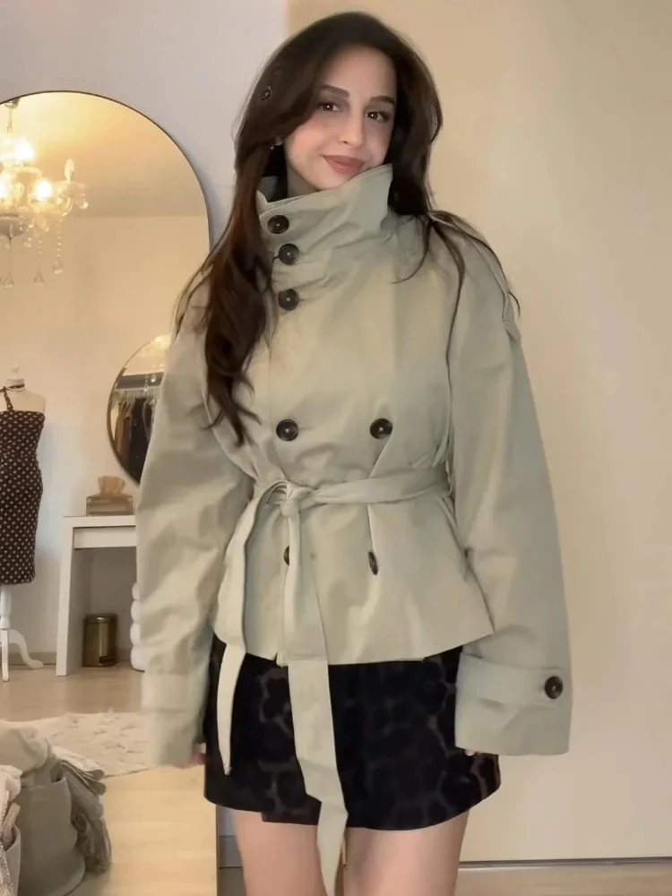 Street Women's Belt Cropped Trench Coat Elegant Stand Collar Double Breasted Long Sleeve Jacket  Autumn Lady Commute Outwear